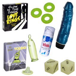 Okouzlující set Smyslná záře - vibrátor, svítící kondomy, svítící kroužky, hrací kostky + lubrigel