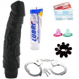 Smyslný set pro páry Odstín šedi - vibrátor, pouta, kroužek, 2 kondomy a gel