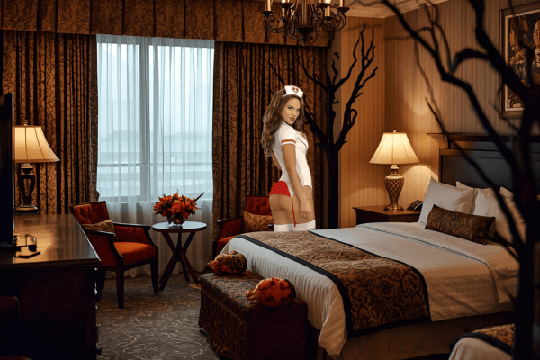 Dívka v kostýmu sestřičky v hotelovém pokoji vyzdobeném na Halloween